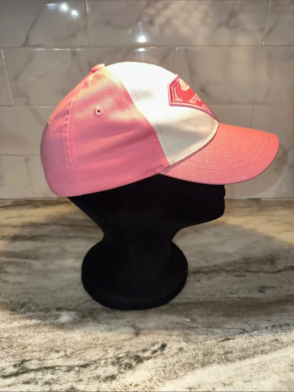 Supergirl Youth Girls Pink White Glitter Baseball Cap Hat Kids Adjustable Logo